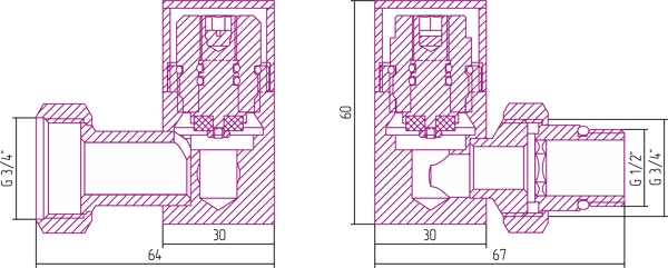 Вентиль 3D левый (под шестигранник) G 1/2" НР x G 3/4" НГ